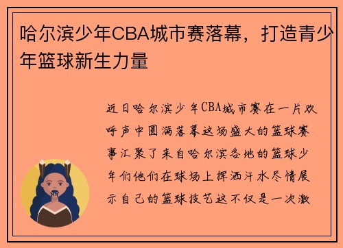 哈尔滨少年CBA城市赛落幕，打造青少年篮球新生力量