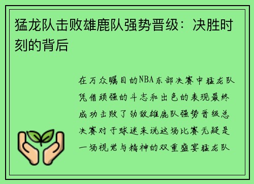 猛龙队击败雄鹿队强势晋级：决胜时刻的背后